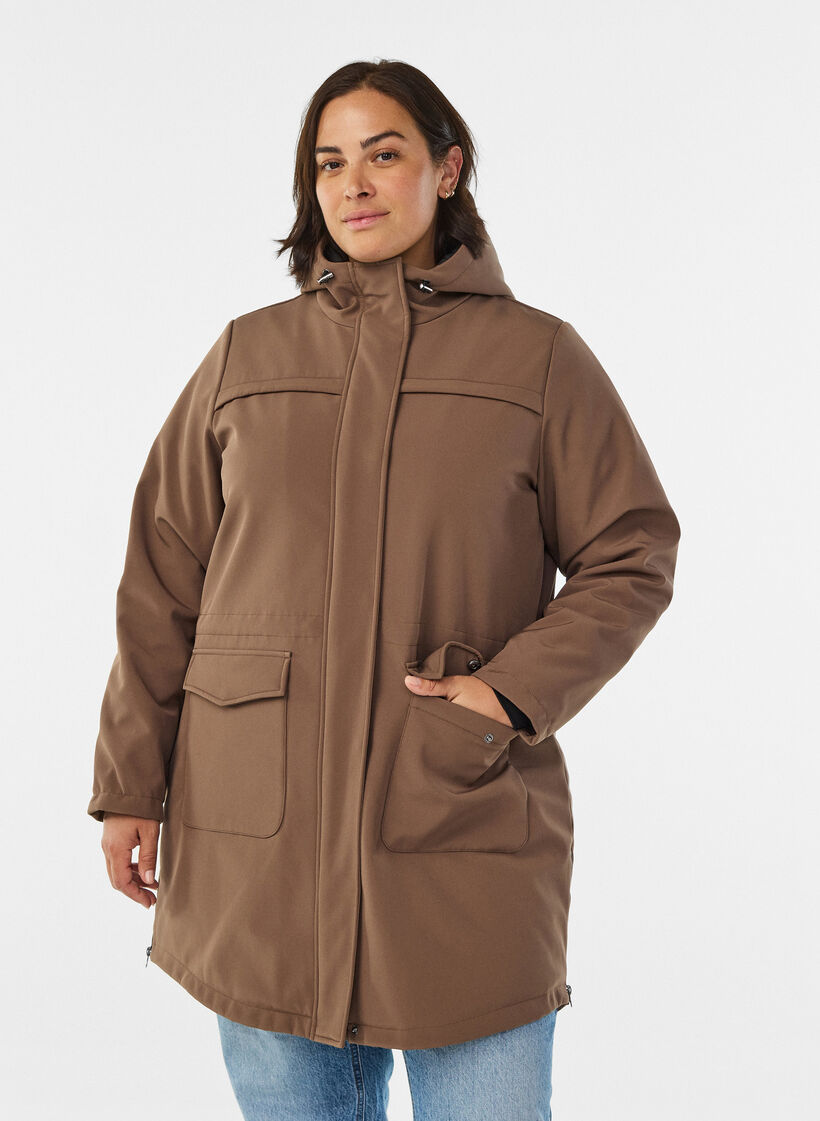 Vannavvisende softshell jakke med vattert f&ocirc;r, Brun, Model image number 0