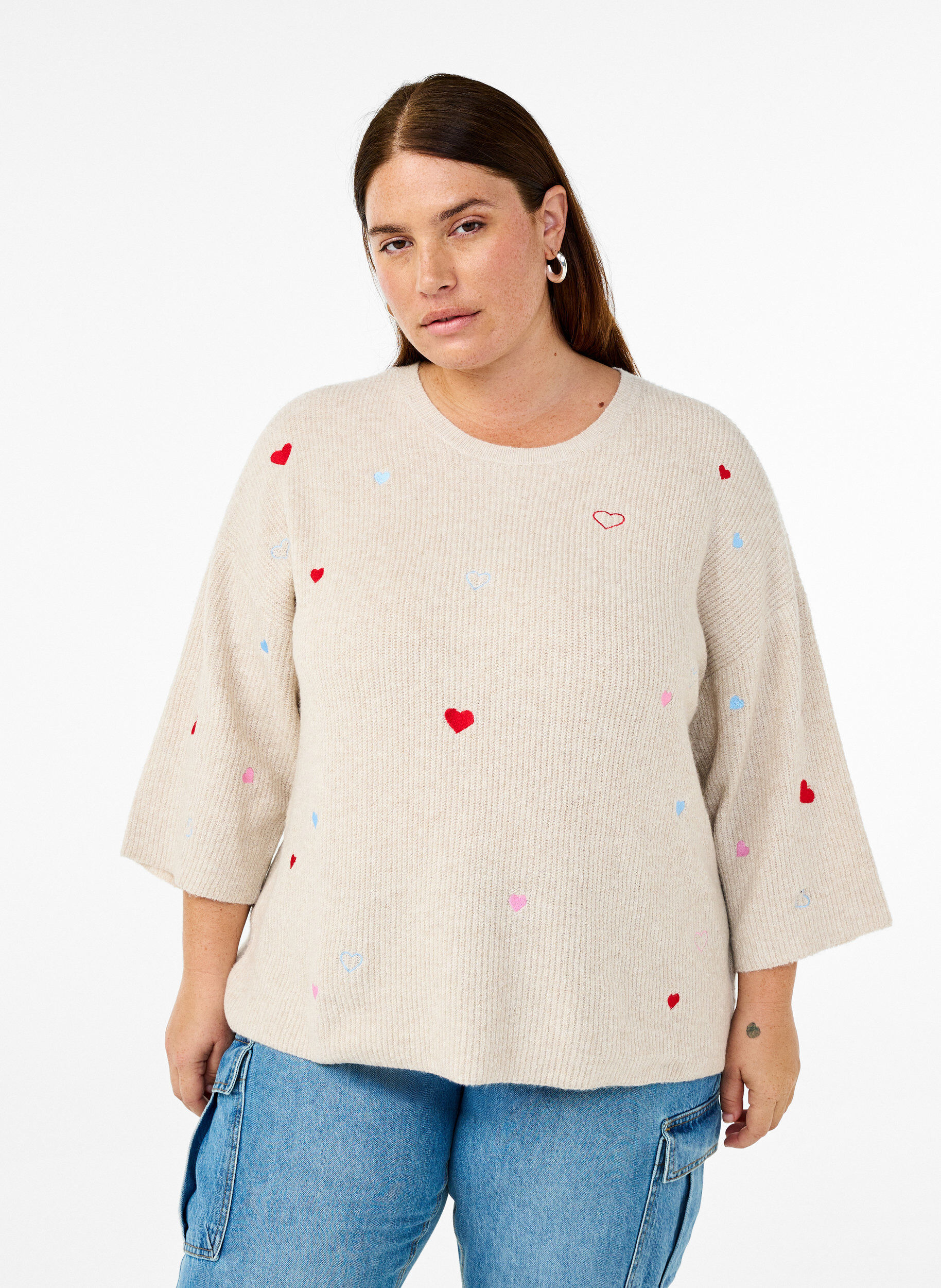 Strikket bluse med hjerter og 3/4-ermer, Beige, Model