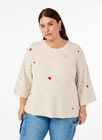 Strikket bluse med hjerter og 3/4-ermer, Beige Strikket bluse med hjerter og 3/4-ermer, Beige, Model
