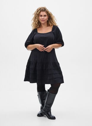 Zizzi Kort cordfløyelskjole med firkantet halslinje, Black, Model image number 2