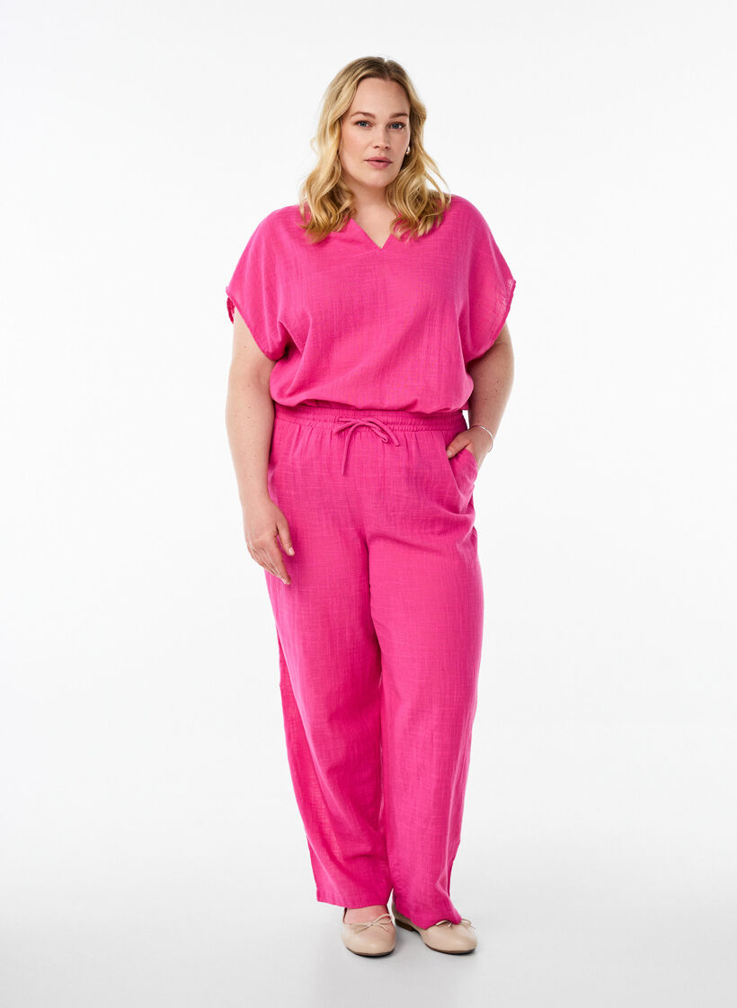 L&oslash;s bluse med cap-ermer, Rosa, Model image number 1