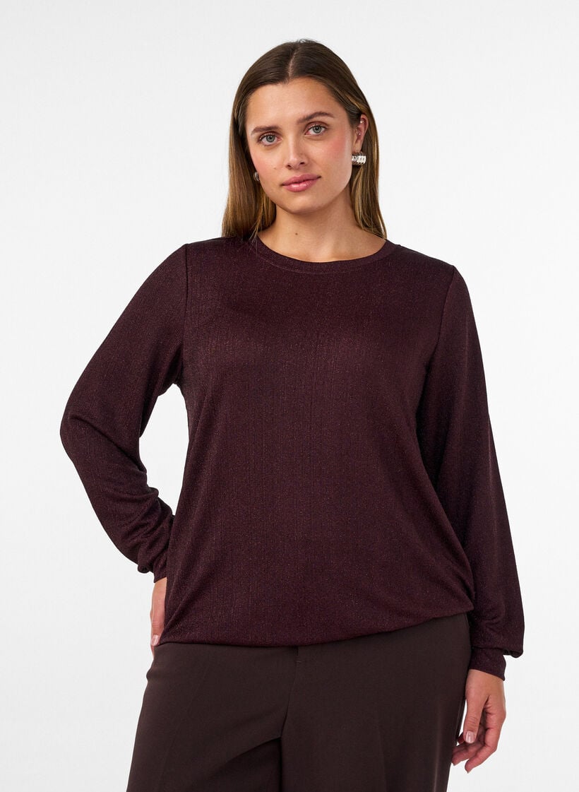 Bluse med vertikal struktur og glittertr&aring;d, R&oslash;d, Model image number 0