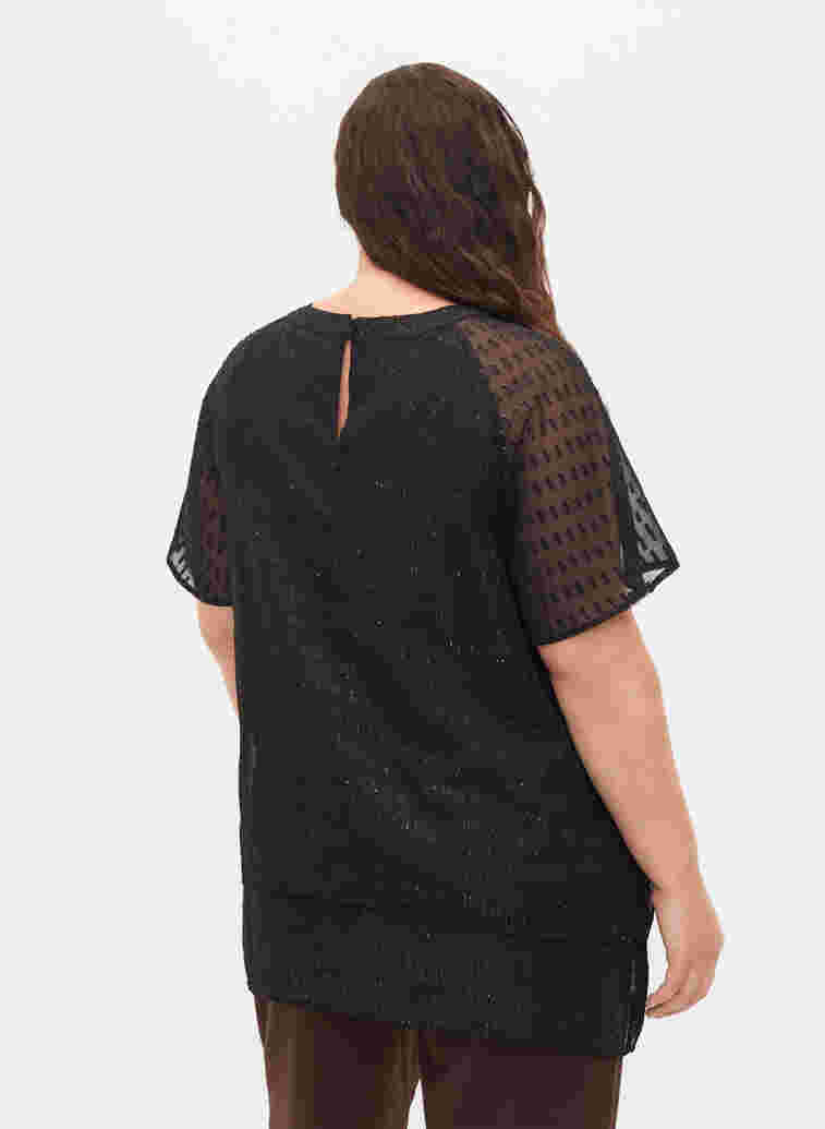 Bluse med 2/4 ermer i mønstret chiffon, Black, Model image number 1