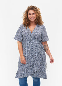 Blomstret omslagskjole med korte ermer , Petit Blue Flower, Model