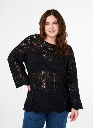 Zizzi Strikket bluse med hullmønster, Black, Model image number 0