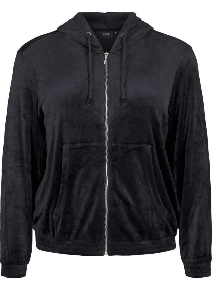 Velour cardigan med hette, Black, Packshot image number 0