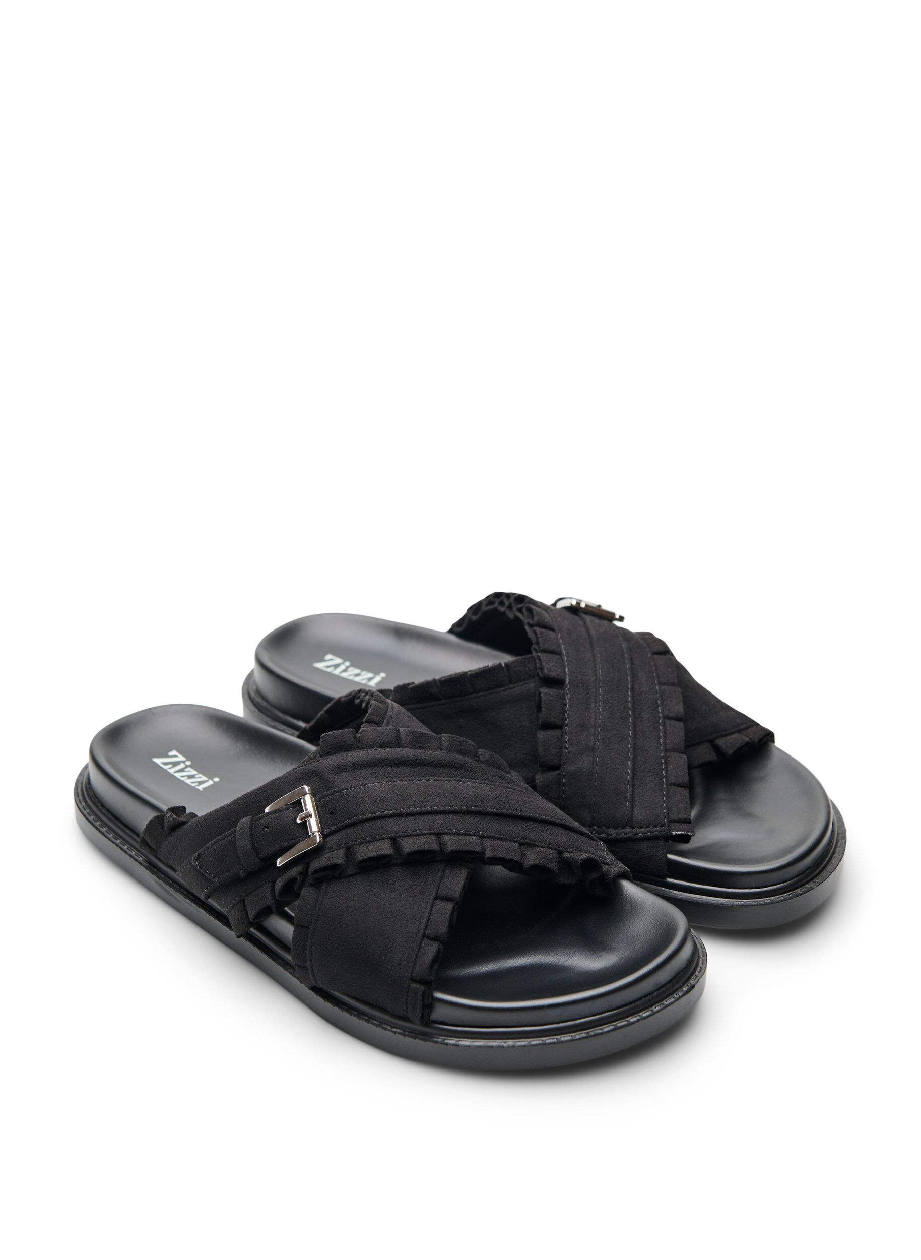 Zizzi Wide fit - Sandal med kryssede stropper og volangkanter, Svart, Packshot image number 1