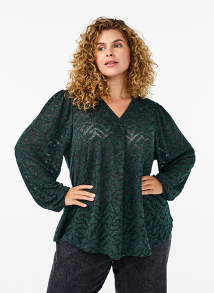 Zizzi Langermet bluse med glitter og mønster, Grønn, Model image number 0