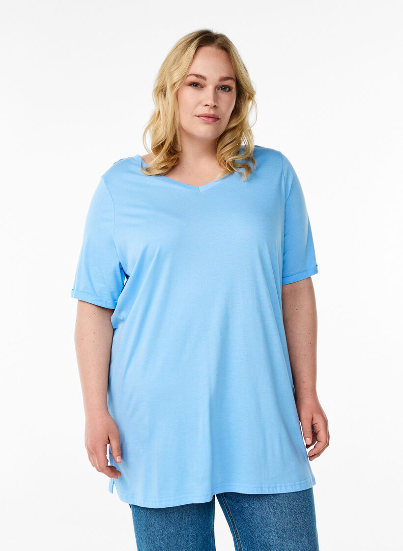 Ensfarget oversized t-skjorte med V-hals, Blå, Model image number 0