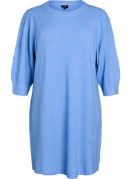 Strikket kjole med 3/4 ermer og rund hals, D.R. Blue White Mel.
