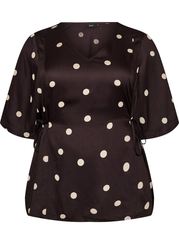Polkadot viskosebluse med V-hals og knytelukking, Brun, Packshot image number 0
