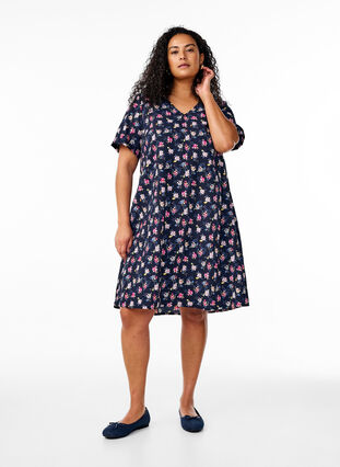 Zizzi FLASH - Kortermet kjole med V-utringning, Blå, Model image number 1