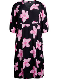Midikjole med blomsterprint og 3/4 ermer, Black Pink FlowerAOP