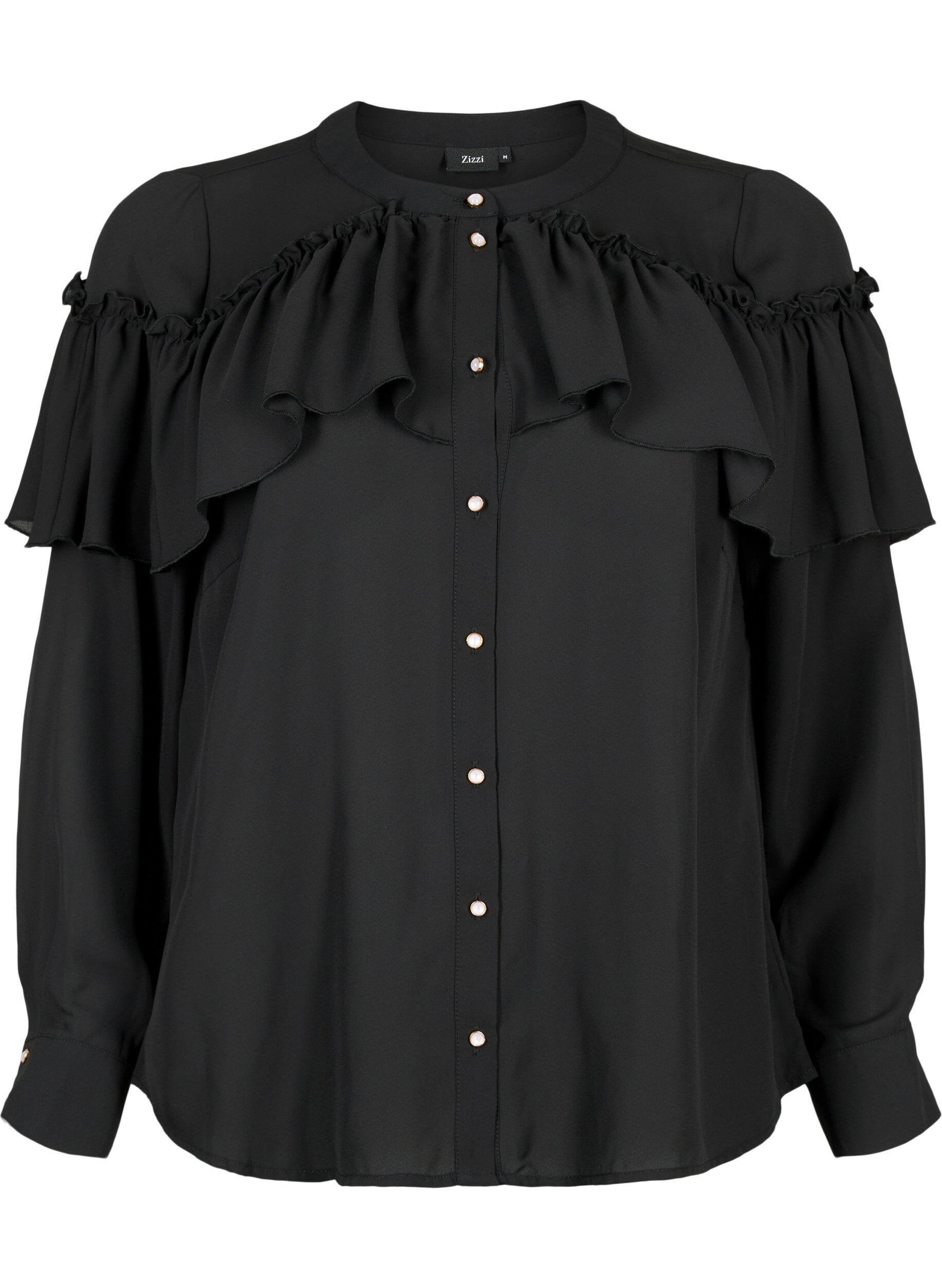 Zizzi Ruffle-skjortebluse med perleknapper, Black, Packshot image number 0