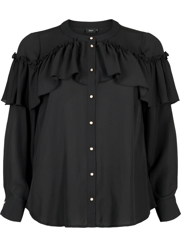 Ruffle-skjortebluse med perleknapper, Black, Packshot image number 0