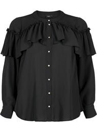 Ruffle-skjortebluse med perleknapper, Black