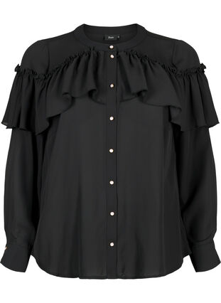 Ruffle-skjortebluse med perleknapper, Black, Packshot image number 0