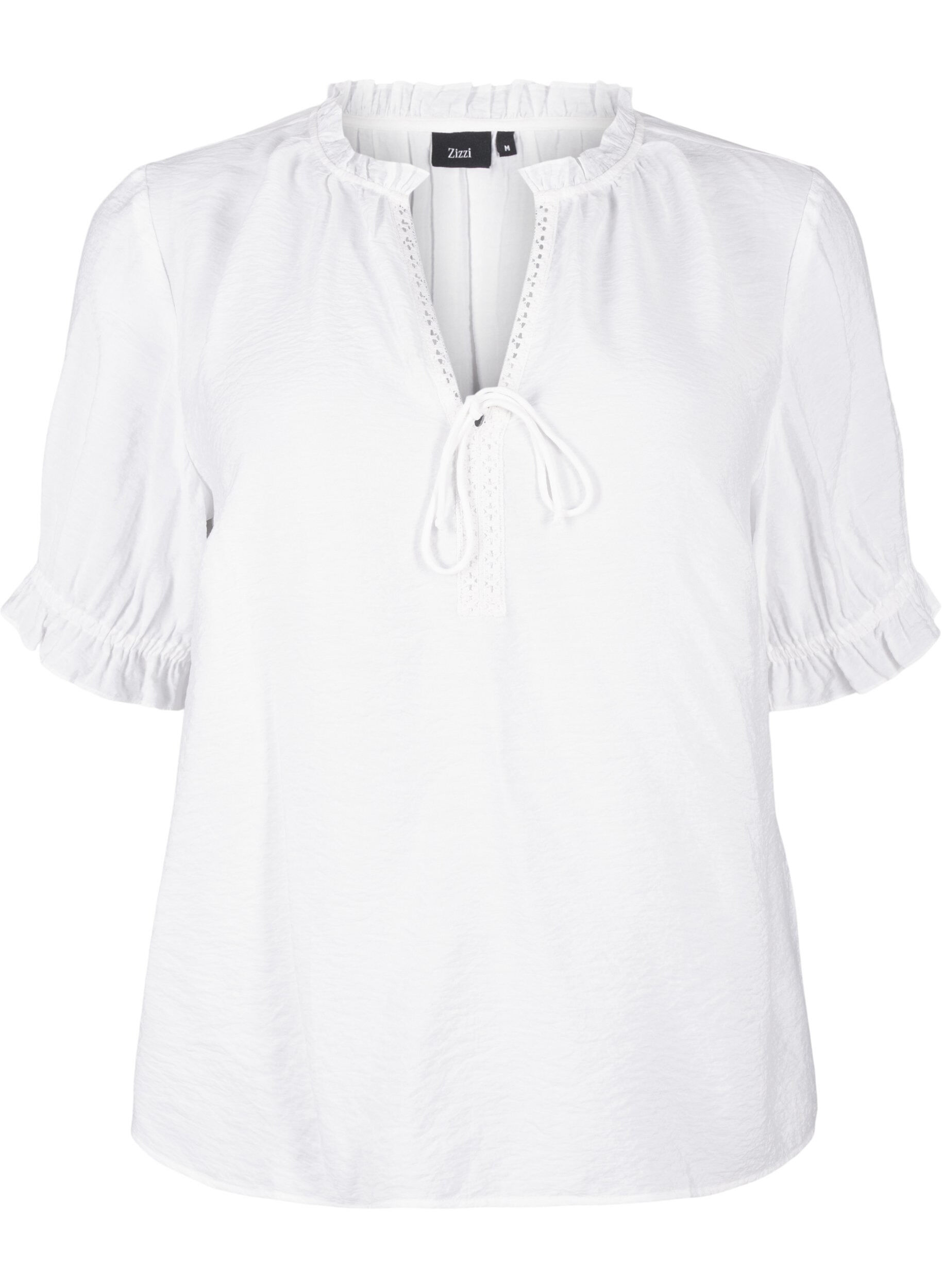 Zizzi Kortermet bluse i viskose med volangdetaljer, Bright White, Packshot image number 0