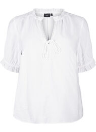 Kortermet bluse i viskose med volangdetaljer, Bright White
