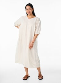 Midikjole i lin og viskose med korte ermer, Beige Midikjole i lin og viskose med korte ermer, Beige, Model