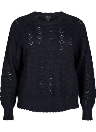 Zizzi Langermet strikket bluse med et åpent mønster, Black, Packshot image number 0