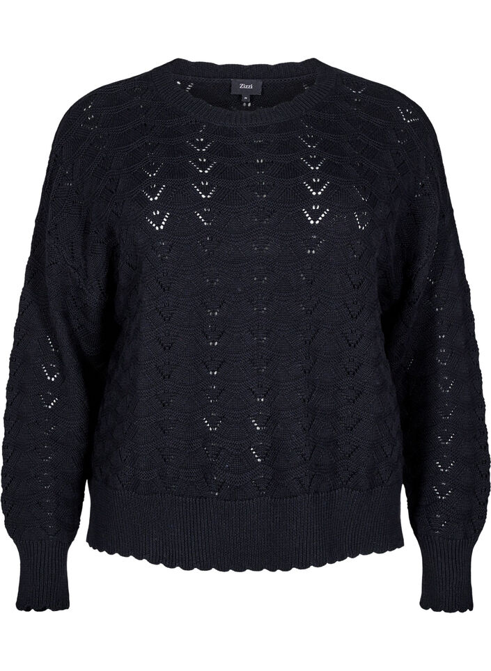 Langermet strikket bluse med et åpent mønster, Black, Packshot image number 0