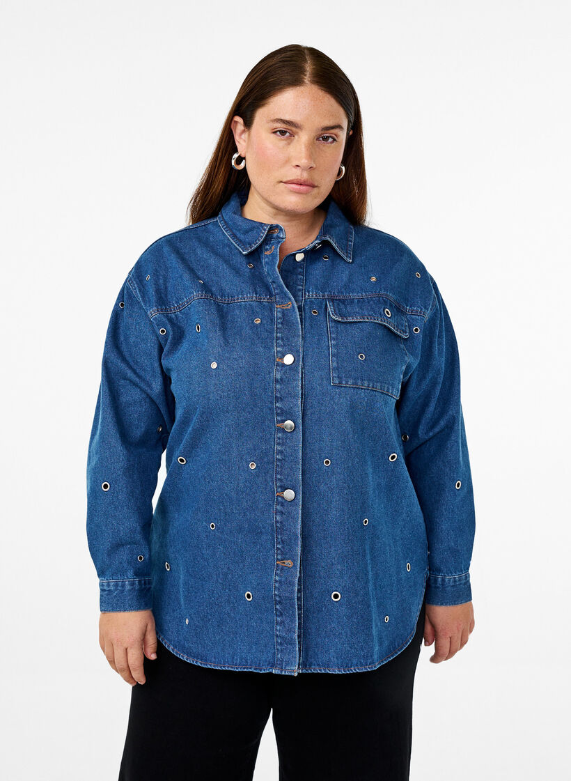 Denimskjorte med maljer, Blå, Model image number 0