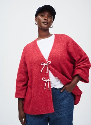 Zizzi Strikkekardigan med perleknapper, Karanda Red Melange, Image image number 0