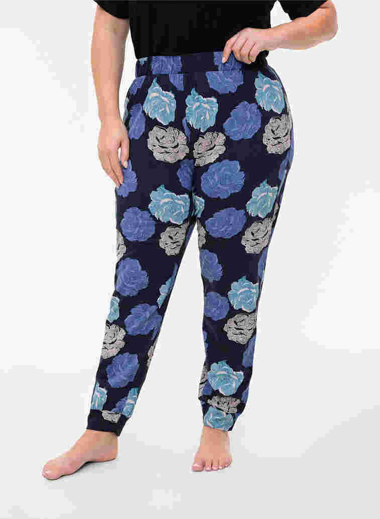 Pysjamasbukser med blomstermønster i bomull, Blue Flower, Model image number 2