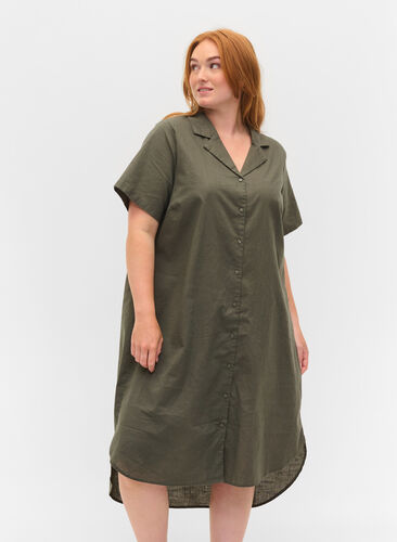 Lang bomullsskjorte med korte ermer, Dusty Olive, Model image number 0