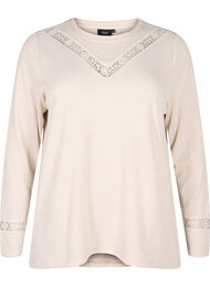 Bluse med broderidetaljer og lange ermer, Oatmeal Melange