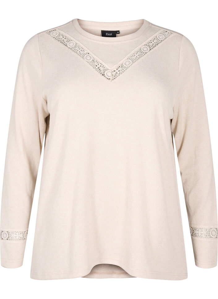 Bluse med broderidetaljer og lange ermer, Beige, Packshot image number 0