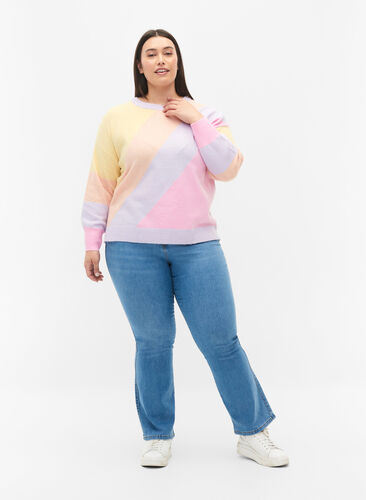 Strikkegenser med striper og rund hals, Pale Banana Mel.Com, Model image number 2