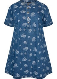 A-linje denimkjole med blomstertrykk, Bl&aring;