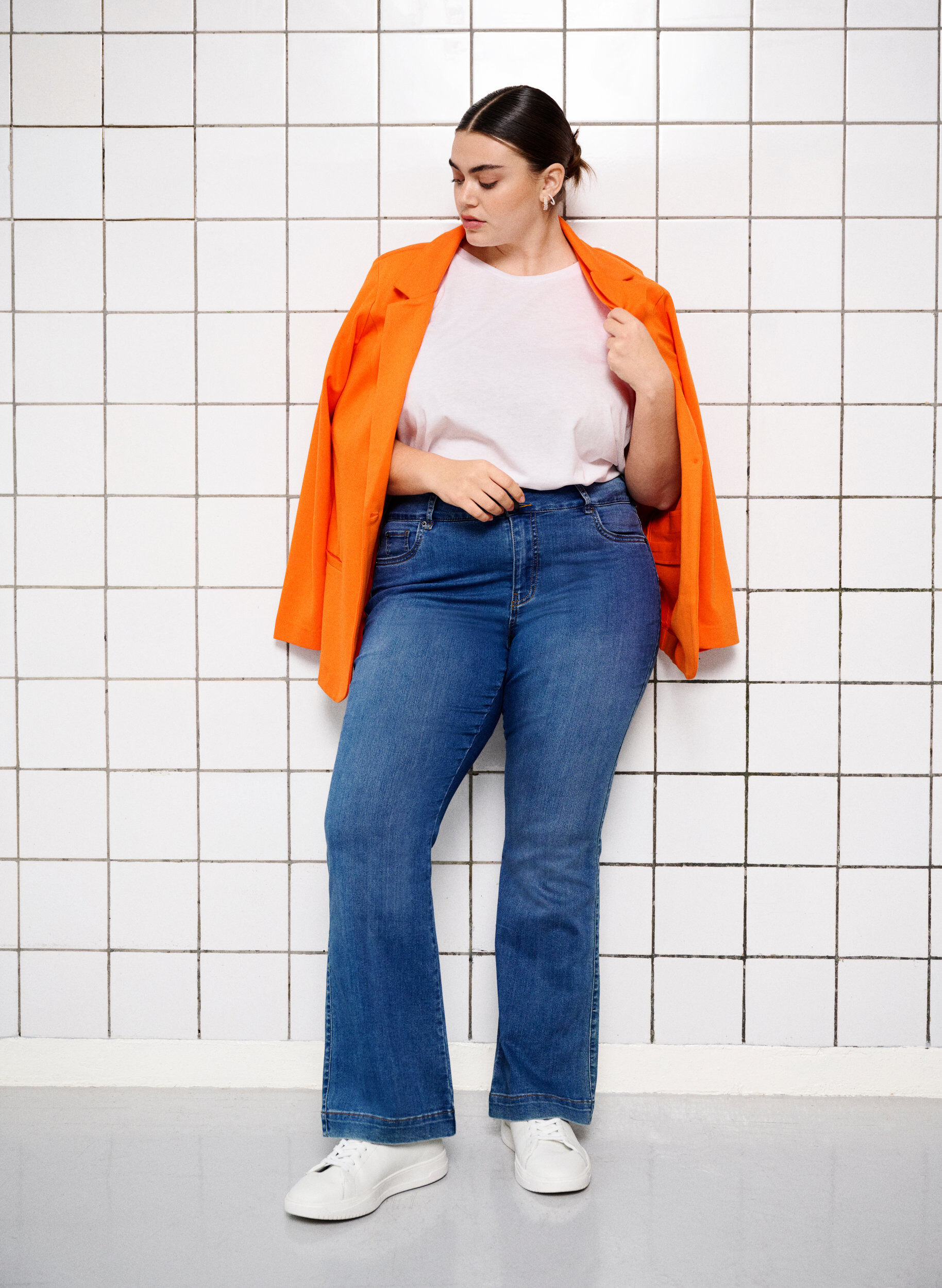 Zizzi Enkel blazer med knapp og pyntelommer, Mandarin Orange, Image image number 1