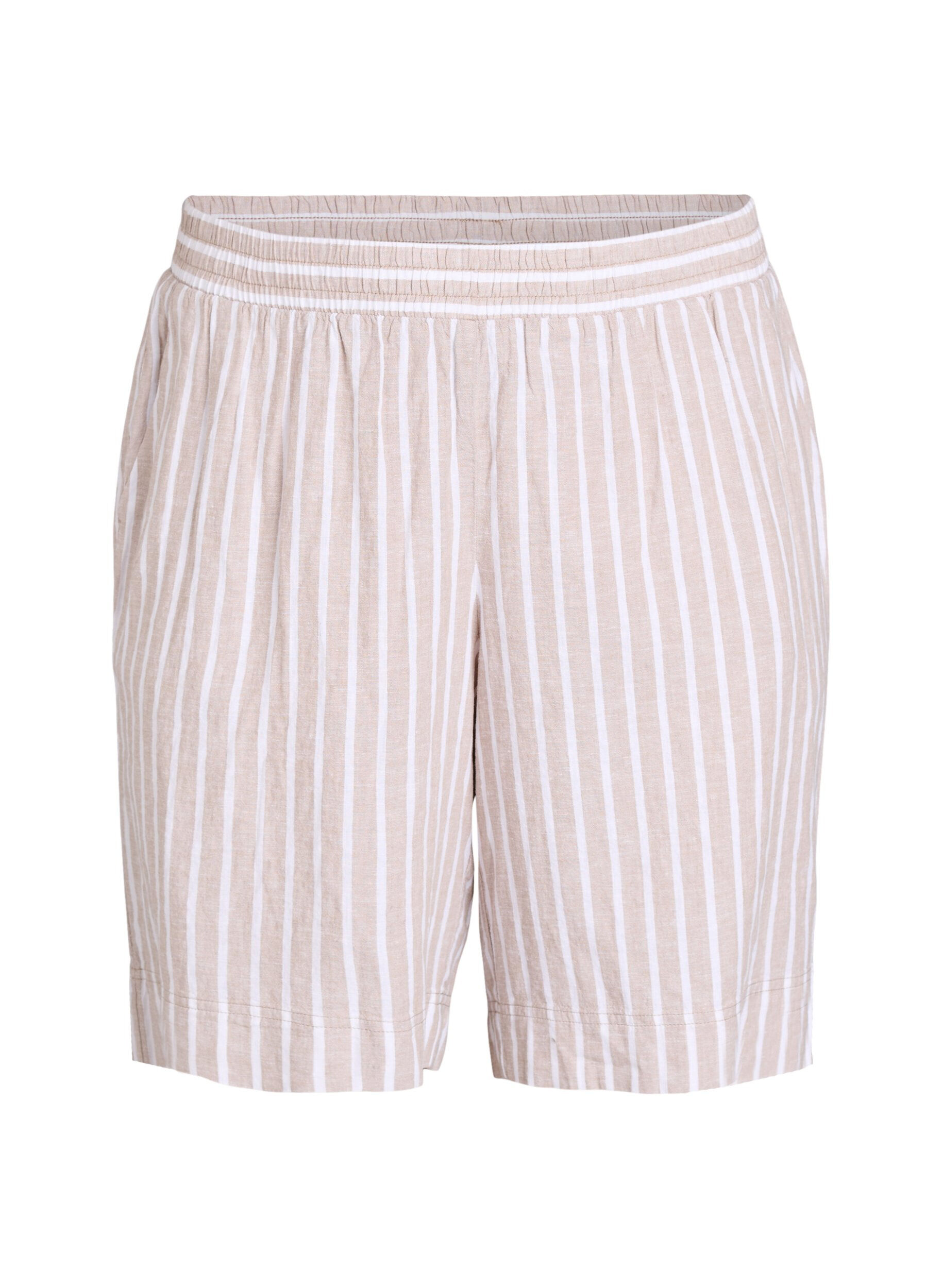 Zizzi Stripete shorts i lin og viskose, Beige, Packshot image number 0
