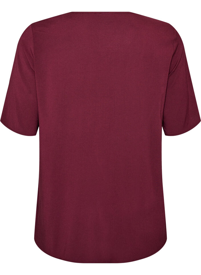 Vevet bluse med korte ermer og rund hals, R&oslash;d, Packshot image number 1