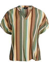Stripete bluse i viskose med korte ermer, Brun