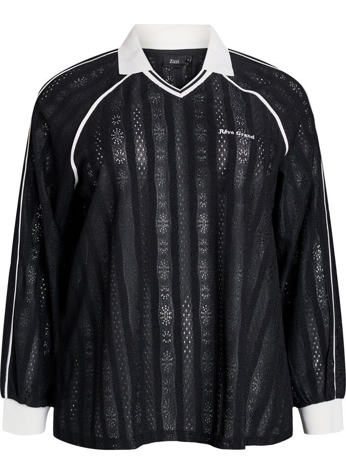 Strukturert jersey-bluse med kontrastdetaljer, Svart, Packshot image number 0