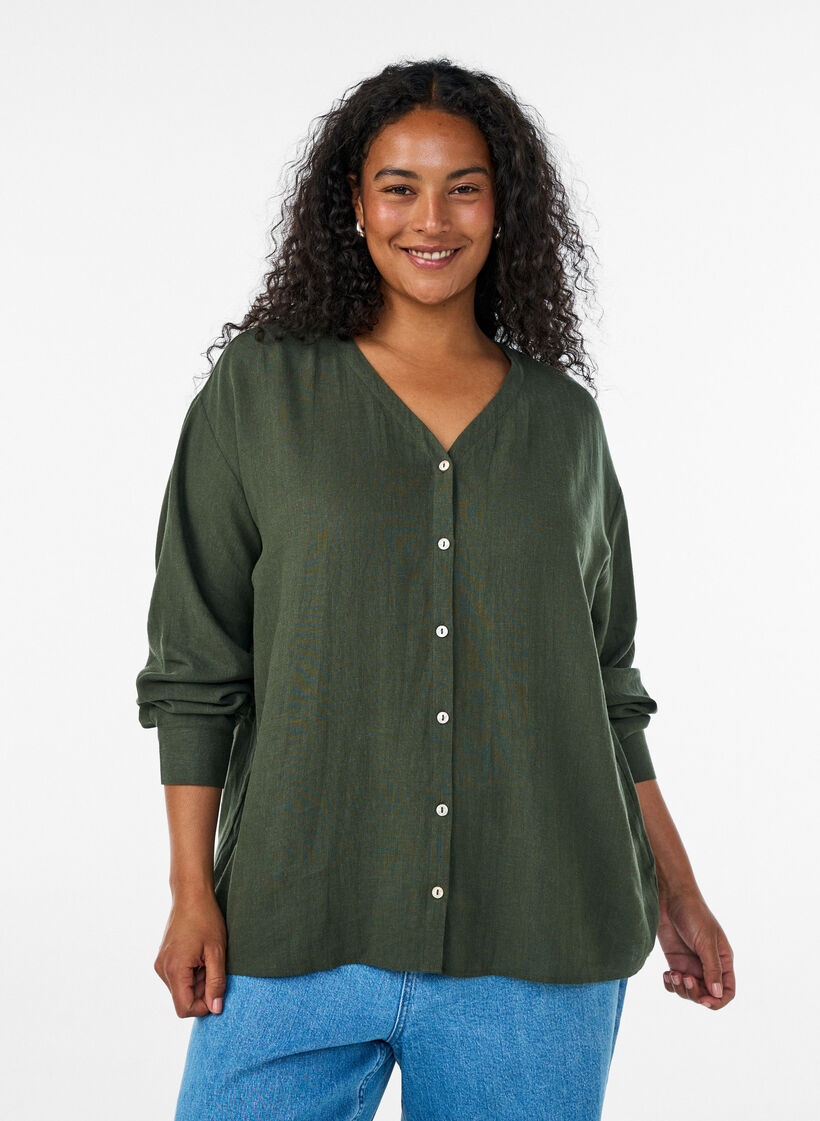 Bluse i lin og viskose med V-hals, Gr&oslash;nn, Model image number 0