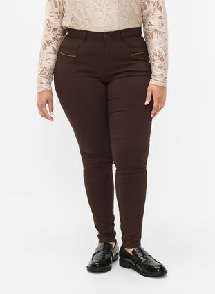 Tettsittende bukser med glidelåsdetaljer, Coffee Bean, Model image number 2