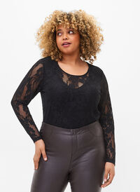Bodystocking med blonder og lange ermer, Black, Model