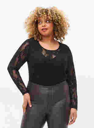 Bodystocking med blonder og lange ermer, Black, Model