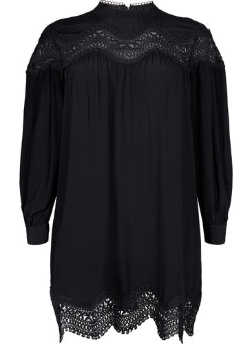 Kjole i viskose med broderte detaljer, Black, Packshot image number 0