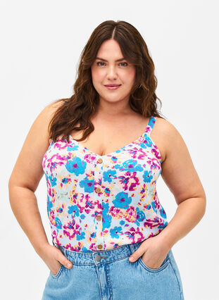 Zizzi Blomstret topp med stropper i viskose, Multi Flower AOP, Model image number 0