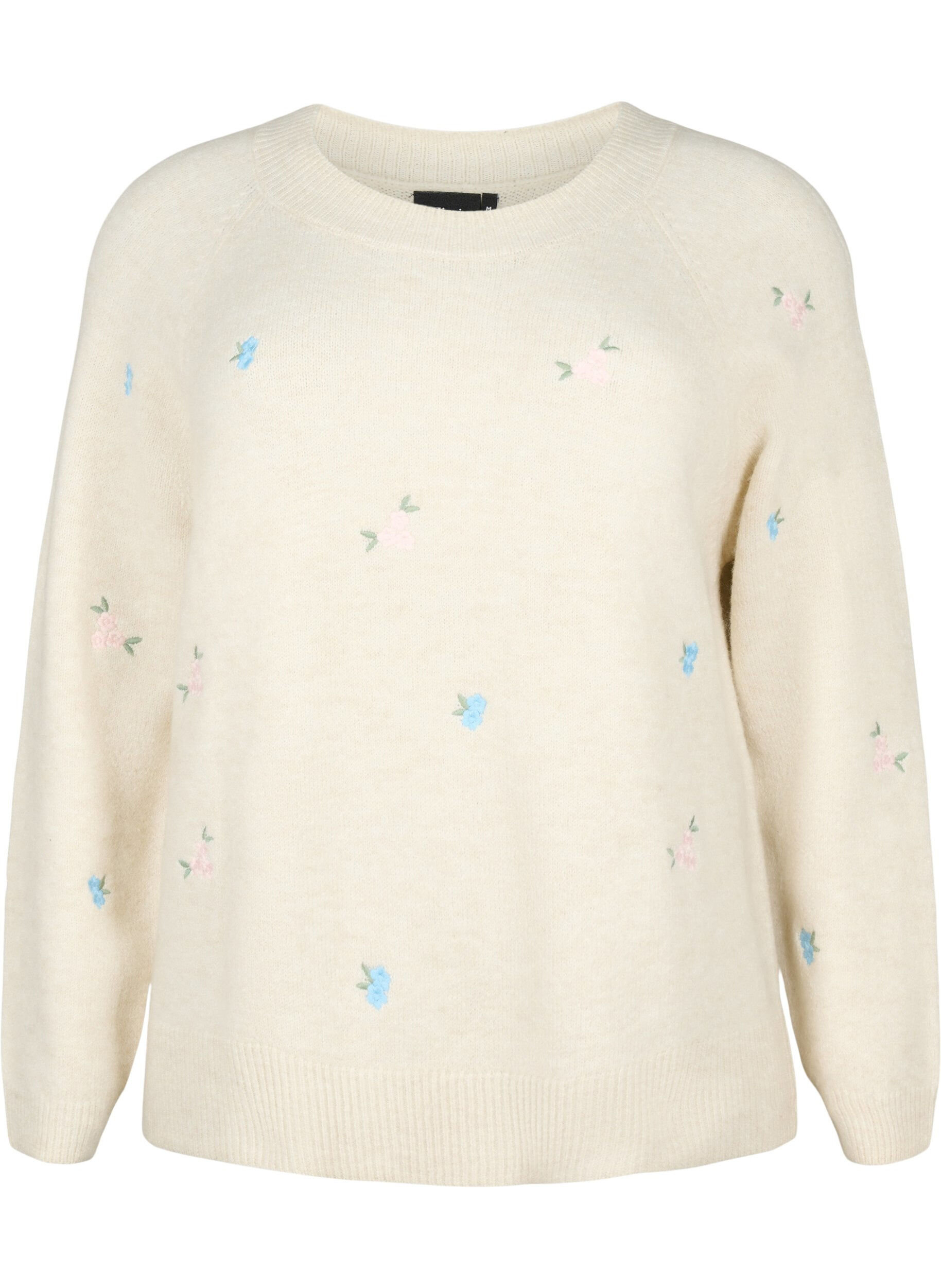 ZizziStrikket genser med broderte blomster, Birch Comb, Packshot image number 0