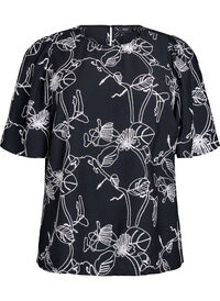 Kortermet bluse med brodert mønster, Svart Kortermet bluse med brodert mønster