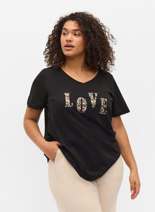 T-skjorte i bomull med V-hals, Black Love Leo, Model image number 0