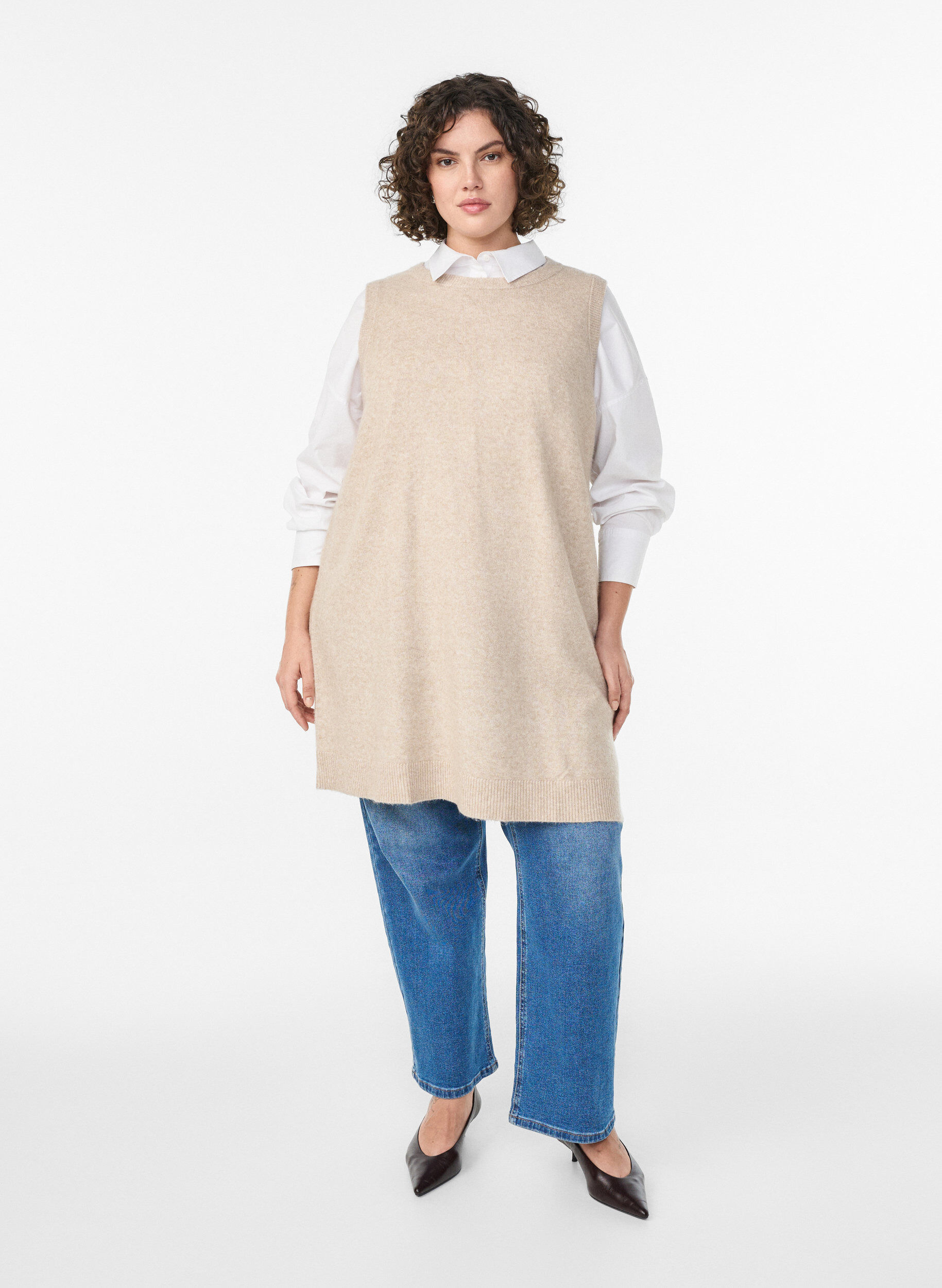 ZizziKort ermel&oslash;s strikkekjole, Beige, Model image number 1