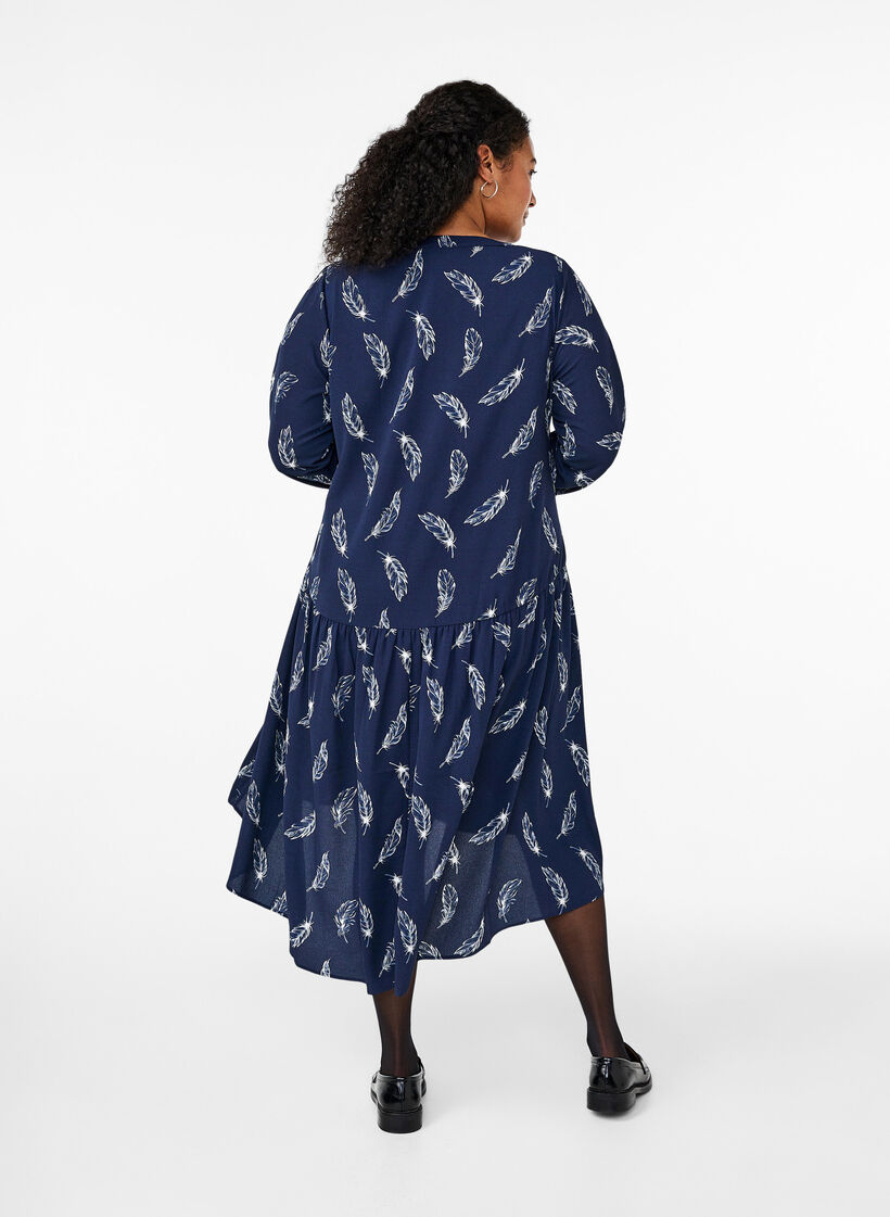 Midi-kjole med lange ermer, Navy B. Feather AOP, Model image number 1